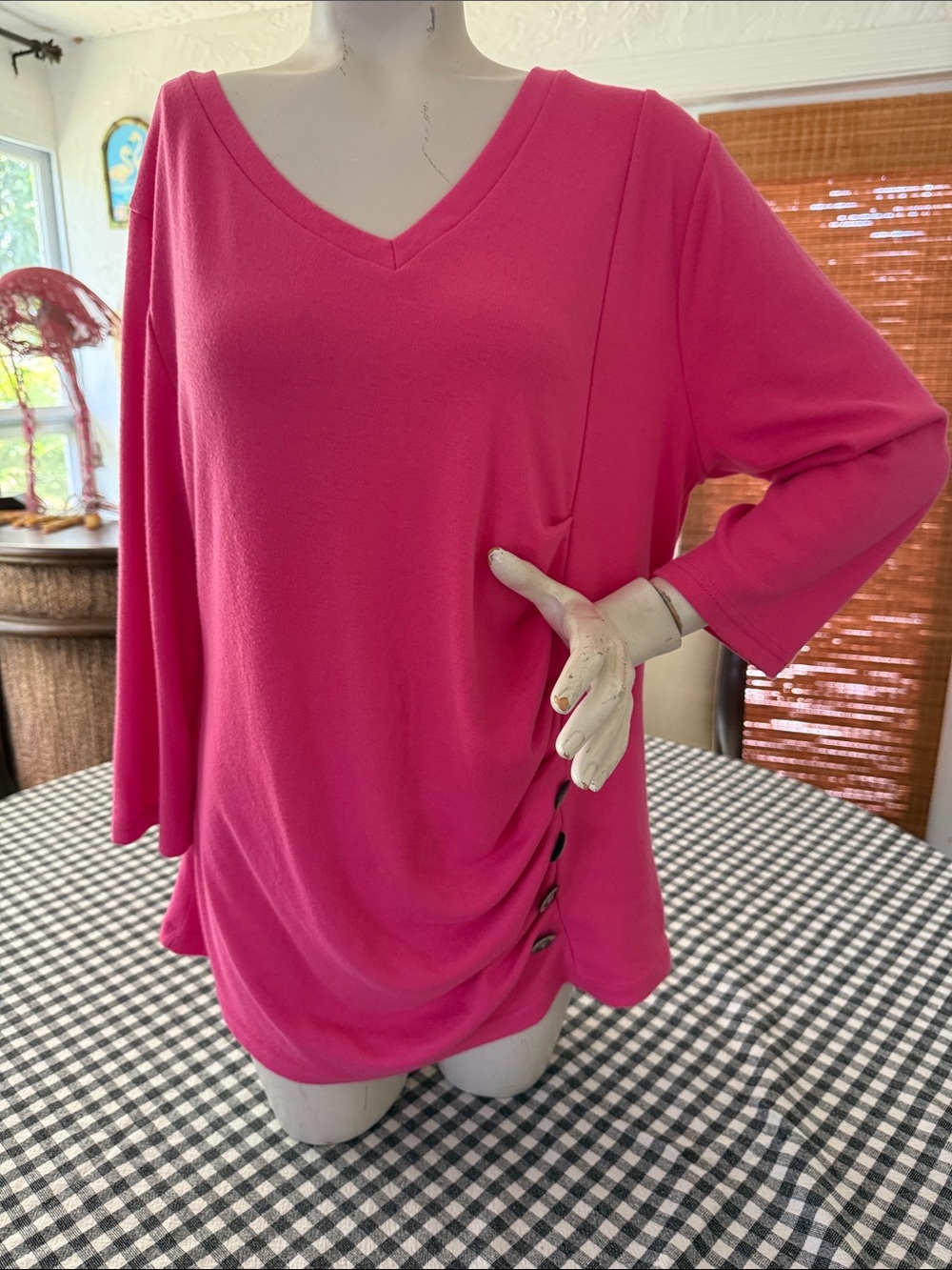 Women's V-Neck Pink Sweater with Side Button Detail